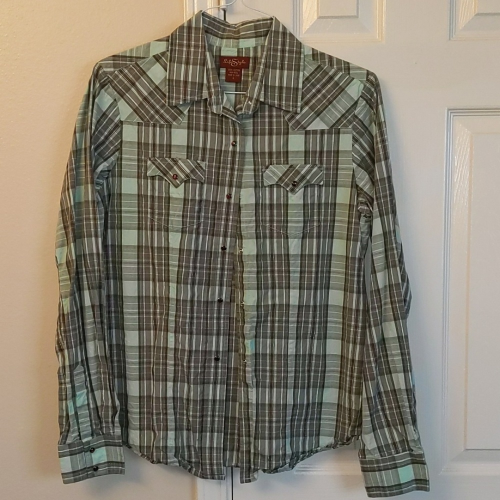 Turquoise & brown Western style long sleeve shirt
